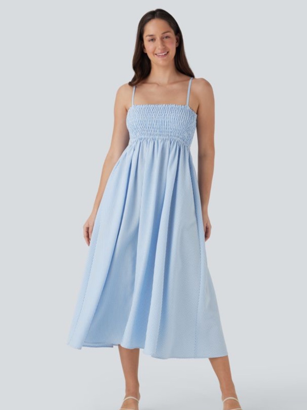 NWOT Halara Blue and White Shirred Stripe Midi Slip Dress